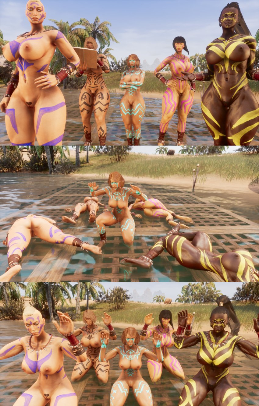 3panels angry asian_female black_skin blonde_hair bodypaint brown_skin conan_exiles dark_hair dark_skin defeated devious_desires disgusted fear huge_breasts imminent_rape instant_loss pale_skin pov pov_eye_contact pov_male pov_smaller smaller_male smirk smug submissive surrendering taller_girl tribal tribal_markings warpaint