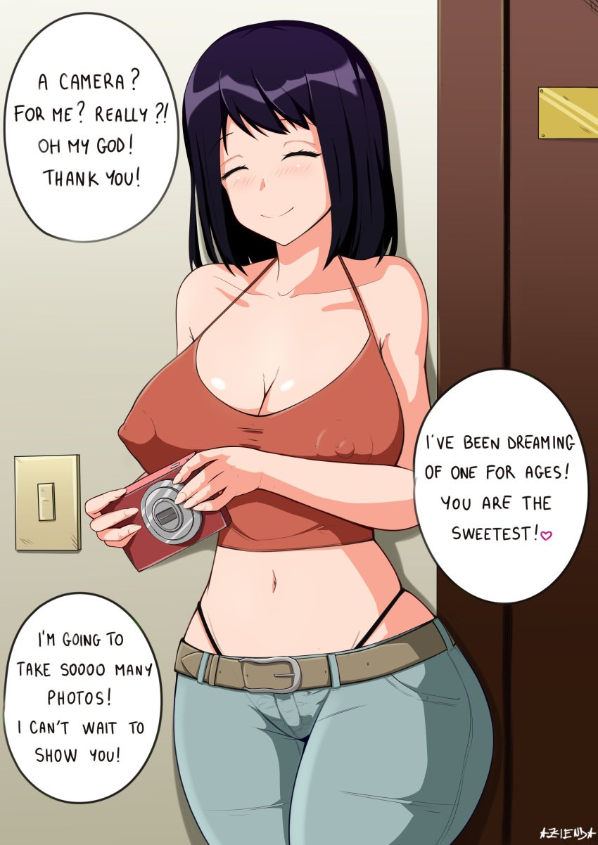 azienda belly_button belt breasts camera closed_eyes crop_top erect_nipples high_cut_bottomwear hips holding_camera jeans nipples nipples_through_clothes nipples_visible_through_clothing purple_hair smiling text_bubble thighs