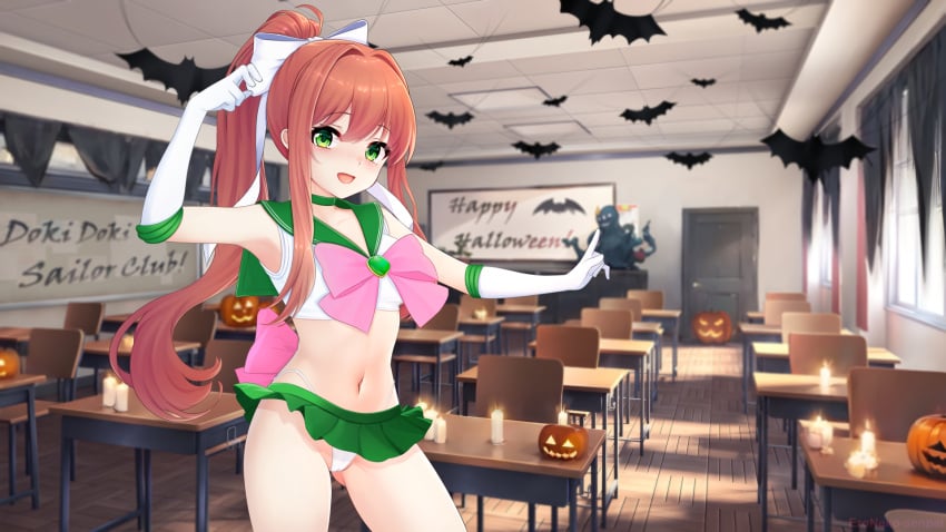 cosplay doki_doki_literature_club eroneko halloween halloween_costume monika_(doki_doki_literature_club) sailor_uniform