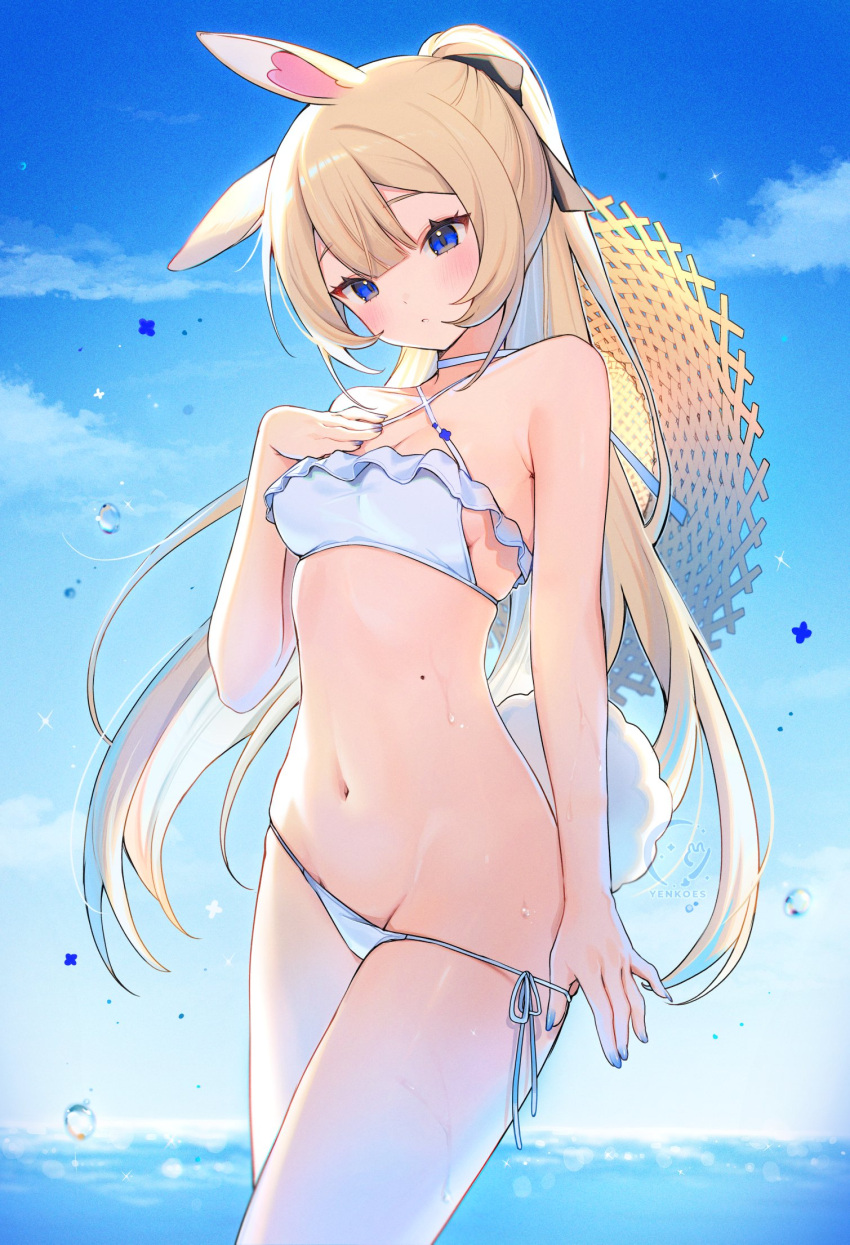 1girl animal_ears bangs bare_arms bare_shoulders bikini bikini_bottom bikini_pull black_ribbon blonde_hair blue_bikini blue_eyes blue_sky blush breasts bunny_ears bunny_girl bunny_tail choker closed_mouth cloud collarbone cowboy_shot day eyebrows_visible_through_hair female groin hair_between_eyes hair_ribbon halterneck hand_on_own_chest hand_up horizon long_hair looking_at_viewer navel ocean outdoors ponytail ribbon side-tie_bikini sky small_breasts solo standing stomach string_bikini swimsuit tail teasing traditional_media very_long_hair virtual_youtuber vyugen water wet_skin white_bikini yenko yenkoes