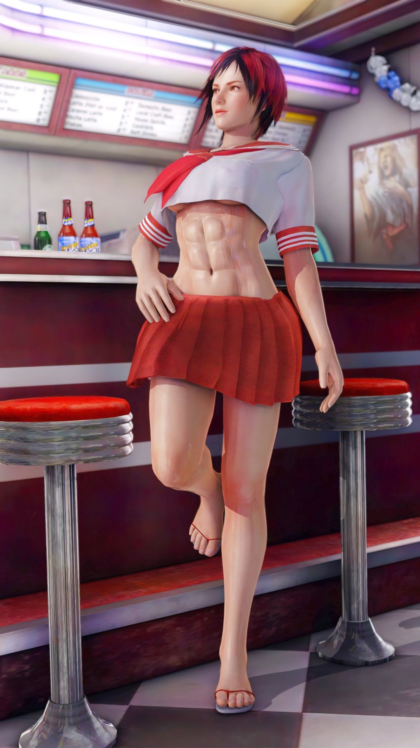 3d abs bare_midriff crop_top dead_or_alive female female_abs female_focus full_body mila_(doa) navel red_hair repinscourge school_uniform schoolgirl short_hair skirt tagme tomboy underboob