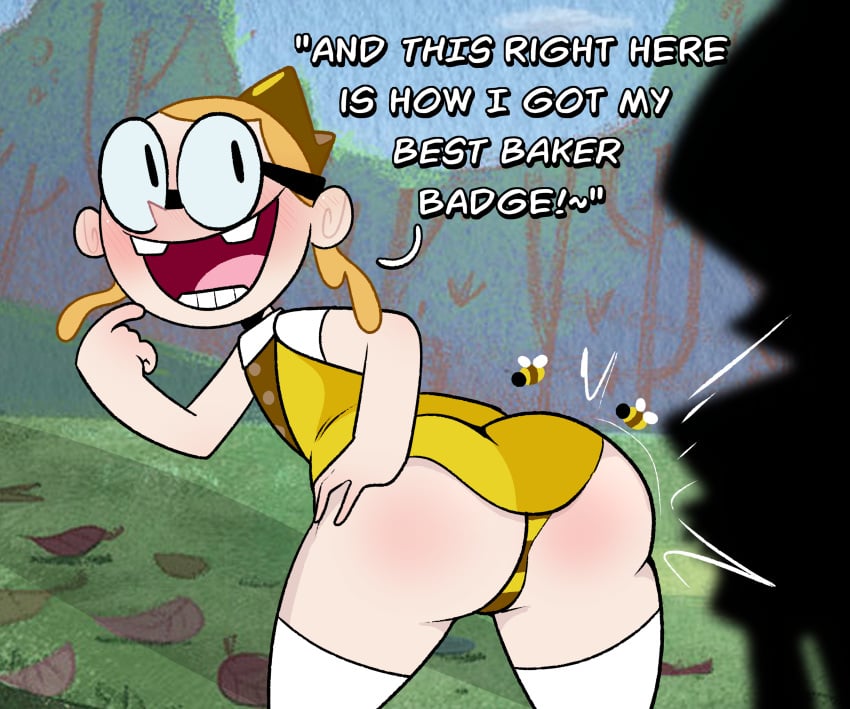 2d 2d_(artwork) 2d_artwork ass bee bees bessie_higgenbottom blush blushing blushing_female bulge bulge_through_clothing bulge_under_clothes clothed clothed_female clothing color colored english english_text female female_focus flat_chest flat_chested forest glasses hair male missing_tooth nickelodeon nicktoons no_sex outdoor outdoors outside presenting presenting_hindquarters silhouette silhouetted_body sillhouette tagme text the_mighty_b! thick thick_ass twixbartrix white_text younger_female