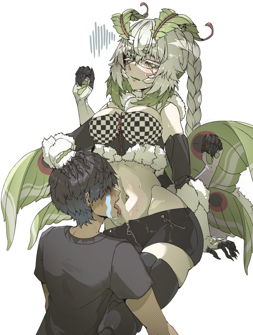 4_arms antennae bare_midriff black_sclera chitin egocider green_eyes headpat insect_girl juniper_(egocider) juniper_actias licking_stomach looking_embarrased monster_girl moth moth_girl moth_wings neck_fluff race_queen thighhighs virtual_youtuber white_background white_hair white_skin wings