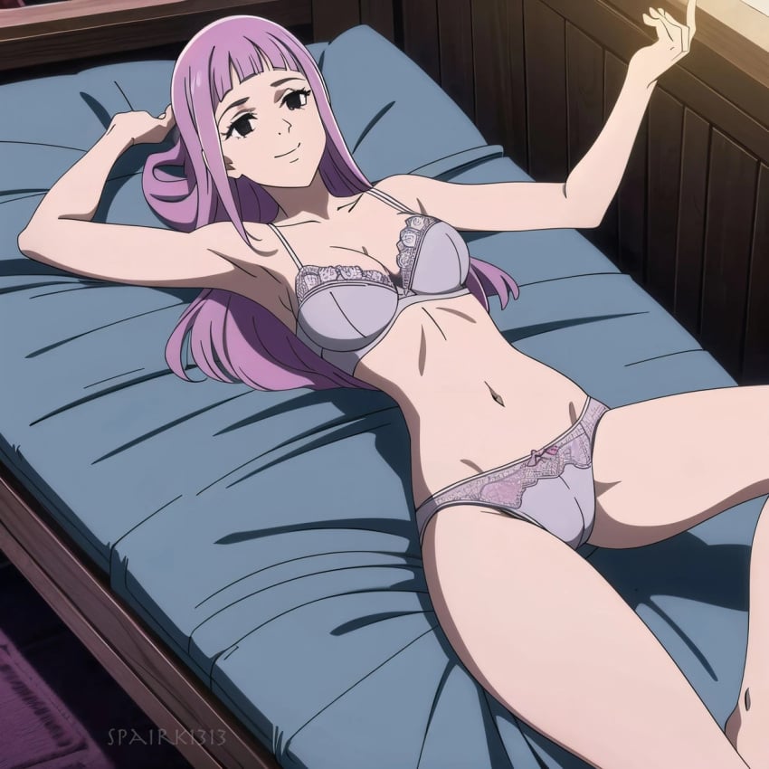 ai_generated bed black_eyes bra breasts long_hair melascula panties purple_hair seven_deadly_sins smiling watermark