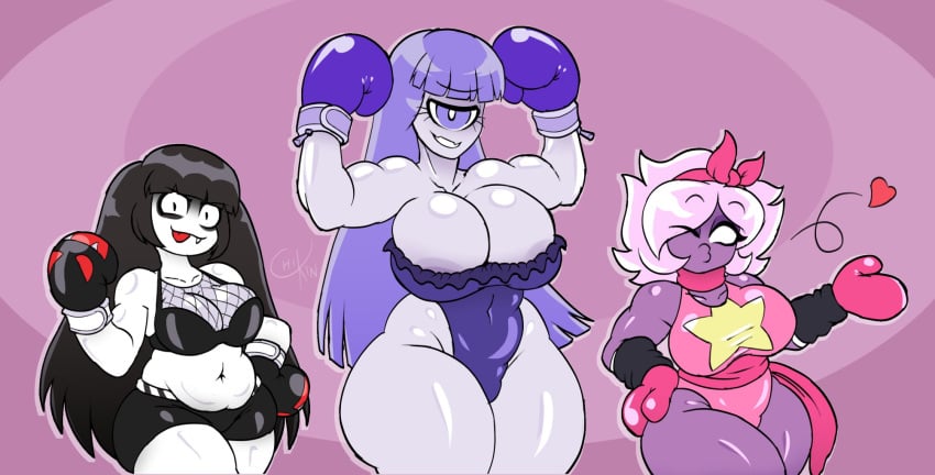 1_eye 3girls big_breasts big_thighs black_boxing_gloves black_gloves black_hair blowing_kiss blown_kiss boxer boxer_girl boxing_gloves breasts chikin_(artist) chubby chubby_female cleavage curvy cyclops cyclops_girl female_focus female_only flex flexing flexing_bicep flexing_both_biceps gloves heart huge_breasts large_breasts long_hair monster_girl multiple_girls original original_character original_characters ornea_(waifuwars) pink_boxing_gloves pink_gloves pink_hair plump short_hair simple_background thick thick_thighs thighs tongue tongue_out trio violet_boxing_gloves violet_eye violet_gloves violet_hair wide_hips