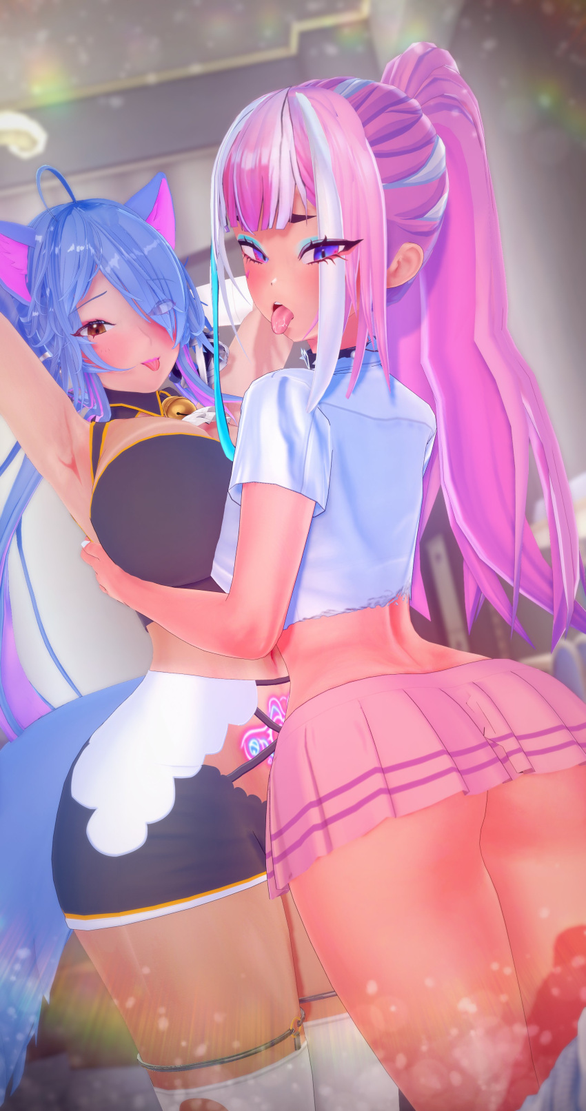 2girls 3d ahoge arms_up ass bell big_ass big_breasts blue_eyes blue_hair breasts cat_ears cat_tail catgirl cleavage deluxe_rosie eyes_visible_through_hair female female_only hips hourglass_figure huge_breasts indie_virtual_youtuber indoors long_hair looking_at_viewer microskirt multicolored_hair open_mouth pink_hair ponytail pubic_tattoo rosie_(vtuber) skirt smile standing tail tan-skinned_female tan_body tan_skin tattoo thick_thighs thighhighs thighs thin_waist tight_clothing tongue tongue_out virtual_youtuber white_hair wide_hips yfu_baby