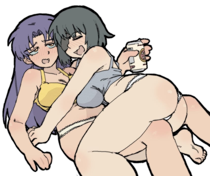 2girls beer big_ass big_breasts chainsaw_man cleavage drunk fanon_couple female female_only himeno_(chainsaw_man) himesato imminent_sex light-skinned_female misato_katsuragi multiple_girls neon_genesis_evangelion pantsu_ripper thick_thighs trait_connection wholesome yuri