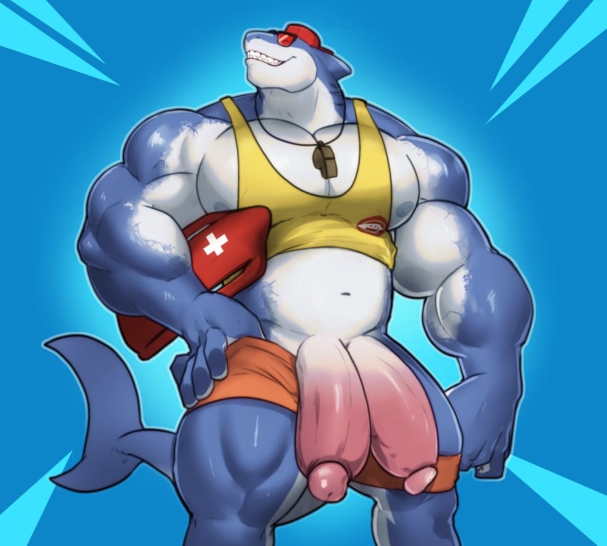 anthro backwards_hat big_breasts big_penis breasts clothed clothing digital_media_(artwork) diphallia diphallism duo epic_games eyewear fish fortnite genitals hat headgear headwear humanoid mafekoba male male_only marine multi_genitalia multi_penis muscular muscular_anthro muscular_male nipples nude pecs penis safety_first_steve_(fortnite) shark smile solo sunglasses swimwear teeth