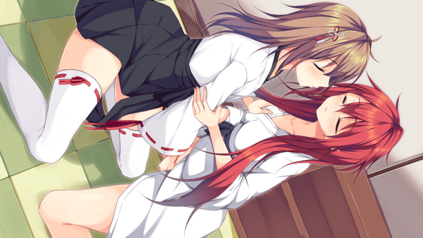 2girls bangs black_skirt brown_hair closed_eyes collarbone dutch_angle eyebrows_visible_through_hair fingering floating_hair game_cg hair_between_eyes indoors kneeling kurokawa_izumi long_hair long_sleeves miniskirt mononofu_~shirayuri_kassen_maihime~ multiple_girls official_art parted_lips red_hair red_ribbon ribbon ribbon-trimmed_legwear ribbon-trimmed_sleeves ribbon_trim shiny shiny_hair shirt skirt thighhighs very_long_hair white_legwear white_shirt white_sleeves wrist_grab yuri