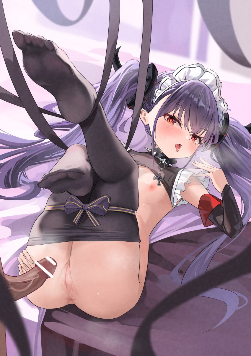 1boy absurdres aroused ass azur_lane black_ribbon blush bound bound_thighs breasts censored choker clothes_pull cross detached_collar detached_sleeves felix_schultz_(azur_lane) female full_body grabbing_own_ass hand_up heart heart-shaped_pupils highres imminent_penetration iron_cross knees_together_feet_apart legs legs_up long_hair looking_at_viewer looking_up lying maid_headdress nipples nude on_back pantyhose pantyhose_pull penis petite presenting purple_hair pussy pussy_juice red_eyes ribbon small_breasts solo_focus spiked_choker spikes straight symbol-shaped_pupils thighs tongue tongue_out twintails very_long_hair xiuluoniqia