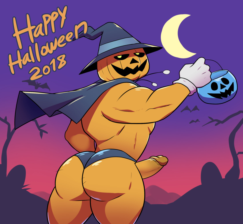 2018 anthro ass elfein flora_fauna food fruit halloween holidays humanoid male male_only open_mouth penis plant plant_humanoid pumpkin pumpkin_head pyro_jack_(megami_tensei) smile solo