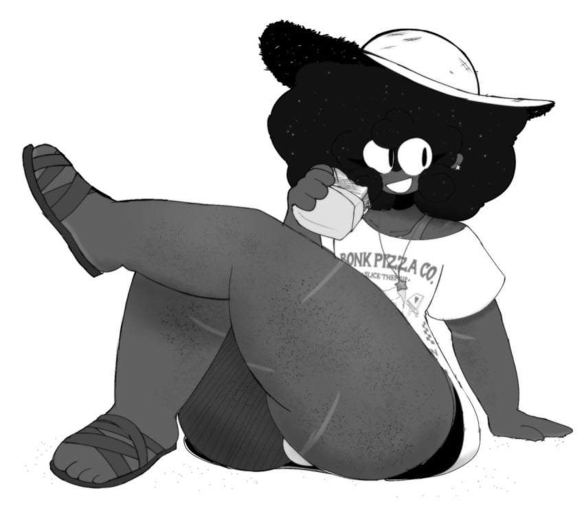 1male afro dark-skinned_femboy dark-skinned_male dark_skin earrings fazzinart femboy feminine_male fluffy_hair food_in_hand jayden_(fazzinart) scars_all_over scars_on_thighs sissy smiling straw_hat thick_ass thick_thighs