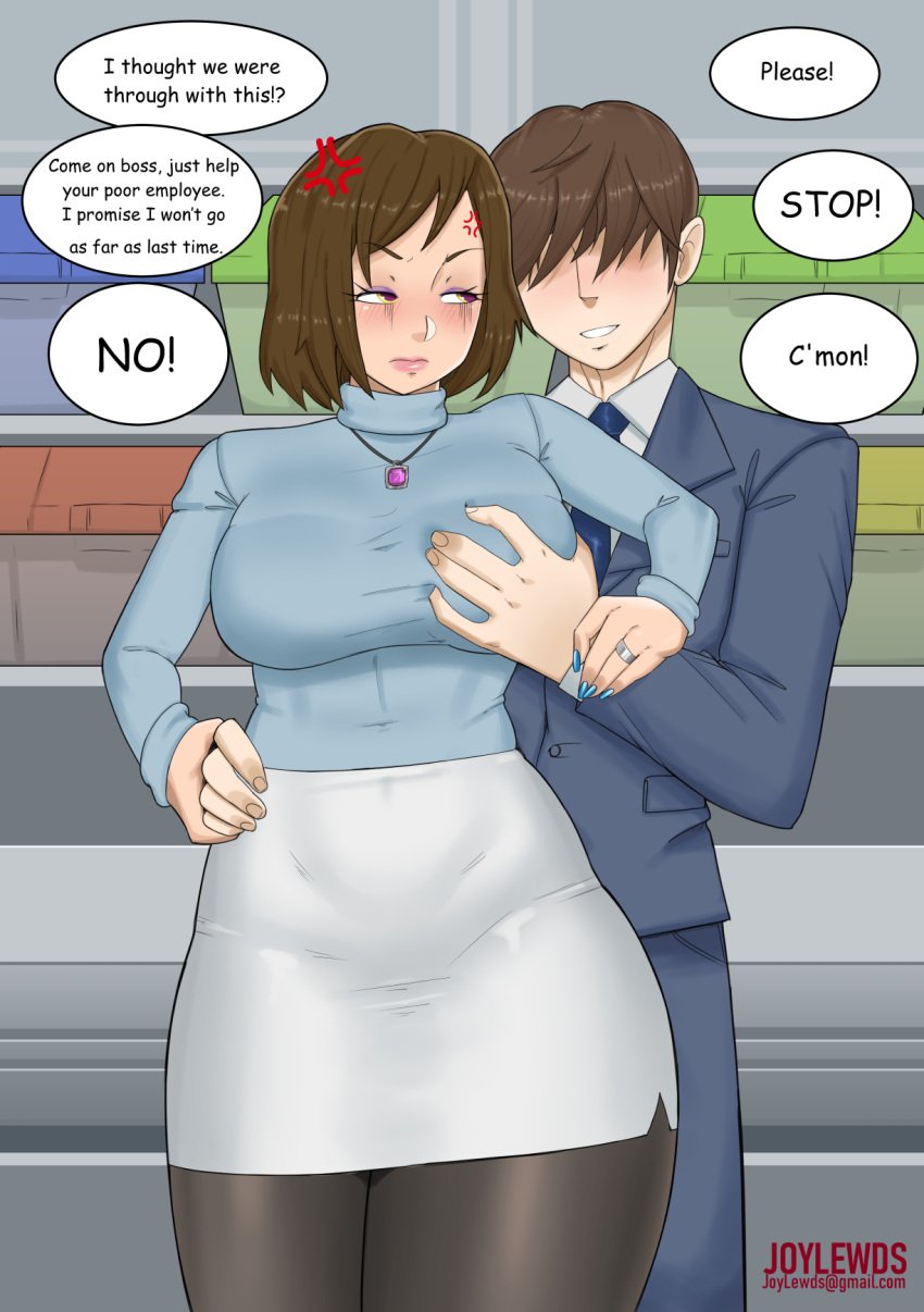 angry big_breasts big_hips blush breast_grab brown_hair business_woman clothed dialogue dress_shirt grey_skirt grope groping joylewds large_breasts miniskirt necklace office office_lady office_sex pencil_skirt sexual_harassment skirt skirt_suit text tight_skirt white_skirt