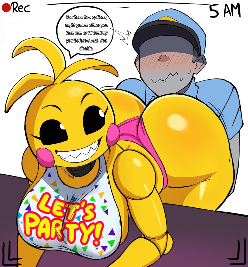 absurd_res aroused ass big_butt clothing dialogue duo embarrassed evil_grin eyeless_male faceless_character faceless_male five_nights_at_freddy's five_nights_at_freddy's_2 gray_skin grey_skin hi_res huge_butt human imminent_sex jeremy_fitzgerald male presenting_hindquarters ryukman scottgames smile straight tawman_art thick_thighs thong toy_chica_(fnaf) toy_chica_(love_taste) underwear