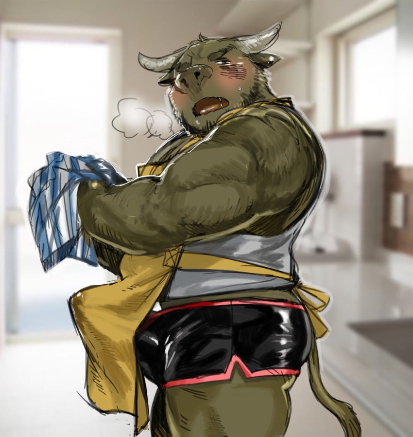 2019 anthro apron beard blush bottomwear bovid bovine bulge cattle clothing erection facial_hair hi_res horn humanoid_hands kita_9999 male male_only mammal penis shirt shorts solo tank_top tenting topwear underwear