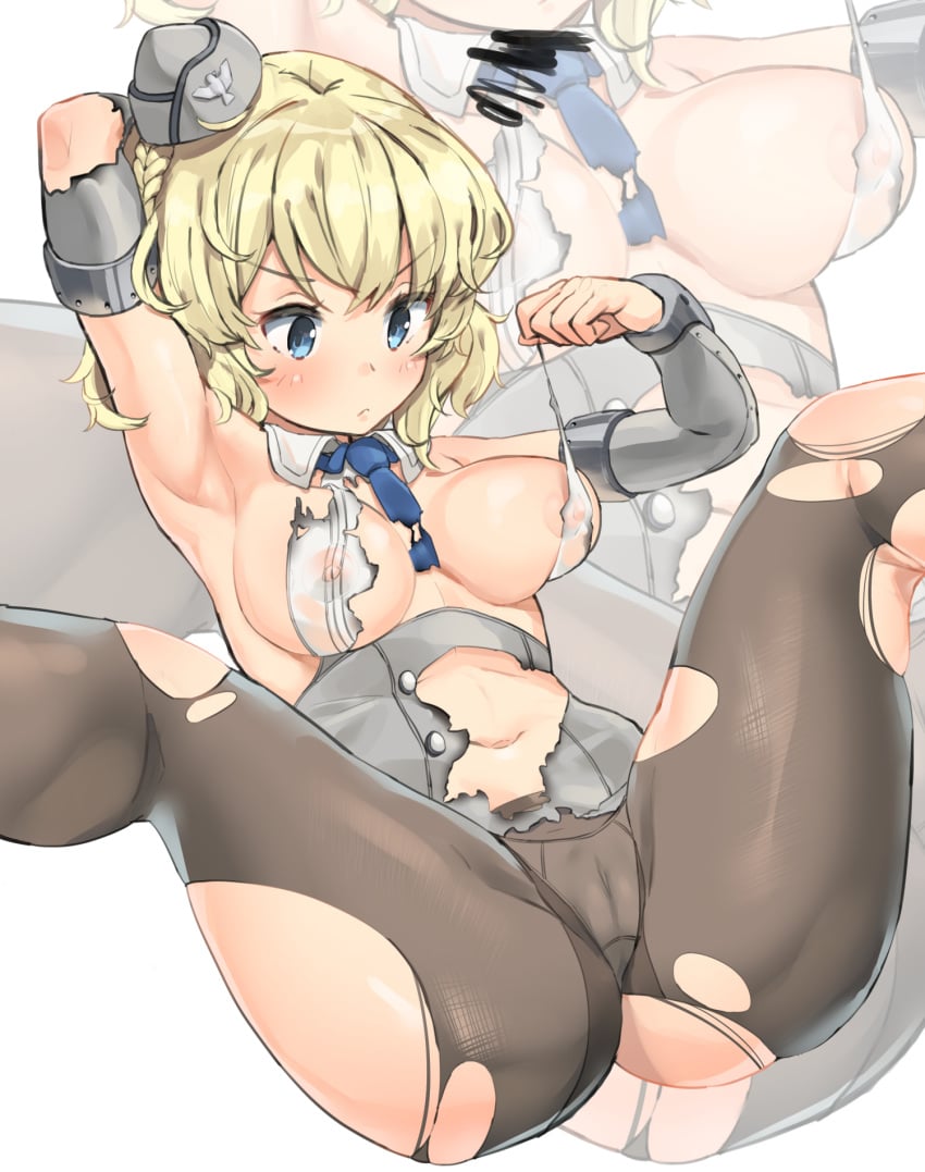 black_legwear blonde_hair blue_eyes blue_neckwear breasts cameltoe colorado_(kantai_collection) commentary_request elbow_gloves eyebrows_visible_through_hair female garrison_cap gloves hat highres kantai_collection large_breasts navel necktie nipples pantyhose short_hair solo soushou_nin torn_clothes torn_gloves torn_legwear torn_necktie white_background