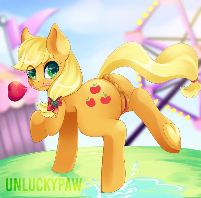 2019 absurdres anus applejack_(mlp) ass cutie_mark earth_pony equid equine female feral friendship_is_magic highres horse looking_at_viewer mammal my_little_pony outdoors pony presenting presenting_pussy pussy smile solo unluckypaw