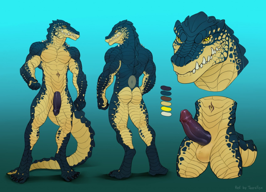 anthro ass balls belly_scales crocodilian erection flaccid green_scales humanoid_penis laluka long_tail male model_sheet muscular muscular_male nude penis reptile scales scalie sharp_teeth solo teasfox teeth thick_tail yellow_eyes