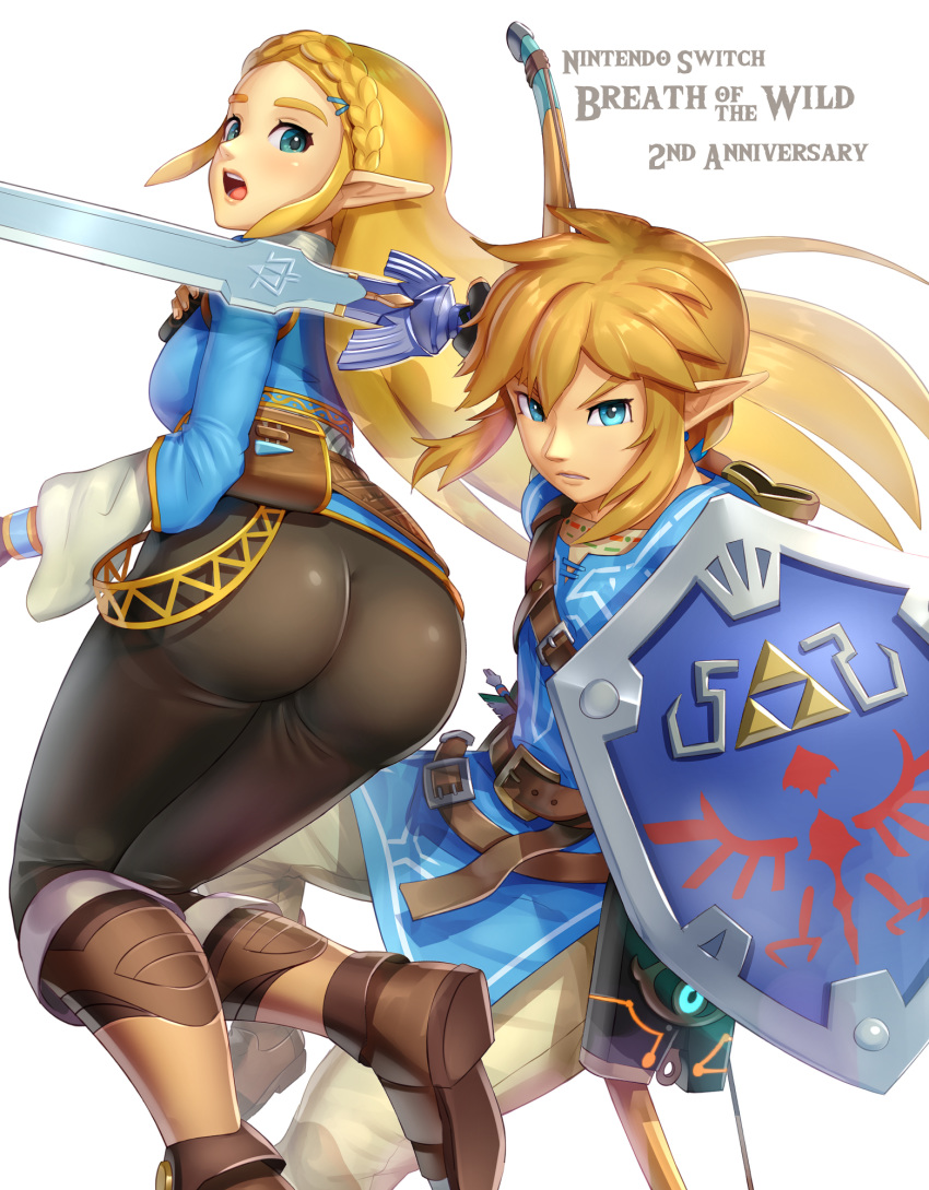 1boy 1girls 2019 ass big_ass blonde_hair breath_of_the_wild champion's_tunic clothed dat_ass demigoddess female from_behind gonzarez green_eyes hylian hylian_shield hylian_trousers light_skin link link_(breath_of_the_wild) long_ears long_hair looking_back male master_sword pointy_ears princess_zelda sheikah_slate shield skin_tight the_legend_of_zelda tight_clothing traveler's_bow zelda_(breath_of_the_wild)