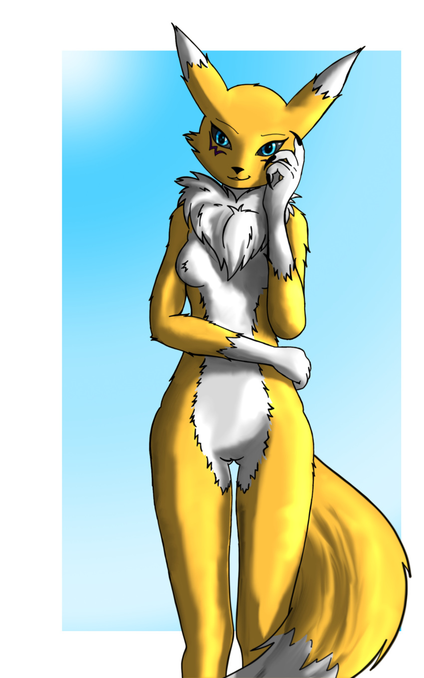 absurd_res anthro breasts couldnotparseline digimon digimon_(species) digital_media_(artwork) female fur hi_res looking_at_viewer nude renamon simple_background solo