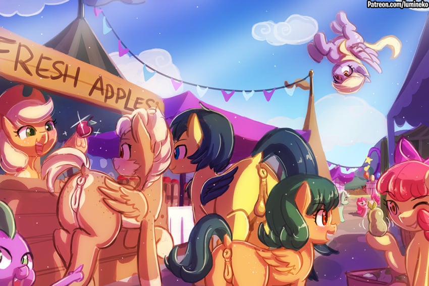 2019 anus apple apple_bloom_(mlp) applejack_(mlp) ass backsack balls black_hair black_mane blonde_hair blonde_mane blue_eyes brown_fur casual_exposure character_request clothing cutie_mark derpy_hooves detailed_background dragon equid equine fangs feathered_wings feathers female flying food freckles friendship_is_magic fruit fur gesture green_eyes green_hair green_mane grey_fur group hair happy hat headgear headwear holding_object horse looking_at_another looking_back lumineko male mammal mane midair mostly_nude multicolored_fur my_little_pony nude one_eye_closed open_mouth open_smile orange_eyes orange_fur outside pink_hair pink_mane pinkie_pie_(mlp) plant pointing pony pterippus public public_nudity pussy quadruped smile smooth_skin speckled_fur spike_(mlp) spots spotted_fur two_tone_fur upside-down white_hair white_mane wings wink yellow_eyes yellow_fur