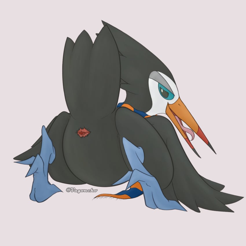 1:1 ambiguous_gender animal_genitalia ass avian beak black_eyes blue_sclera claws cloaca featureless_crotch feet feral half-closed_eyes hi_res long_tongue looking_back nintendo nude pokémon_(species) pokemon pokemon_sm simple_background solo text tongue tongue_out trumbeak vagoncho video_games watermark