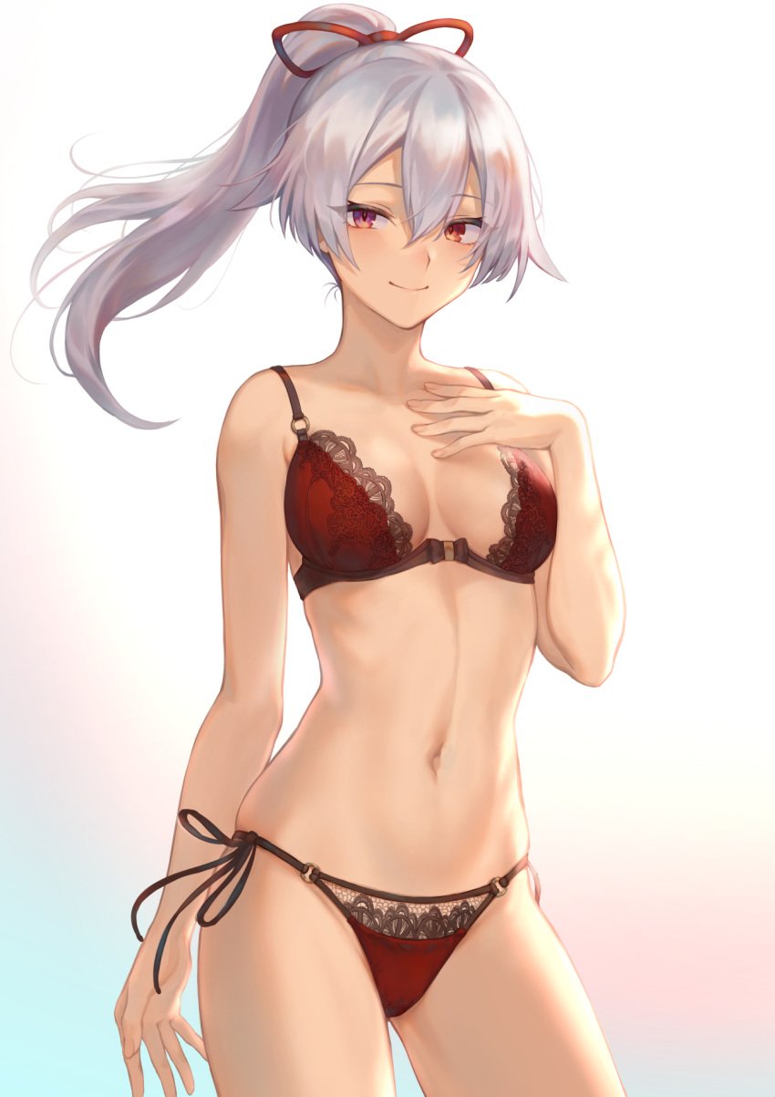 1girls bra breasts cleavage fate/grand_order fate_(series) female female_only lingerie looking_at_viewer mashu_003 panties ponytail red_bra red_eyes red_panties side-tie_panties silver_hair solo tomoe_gozen_(fate) underwear white_hair