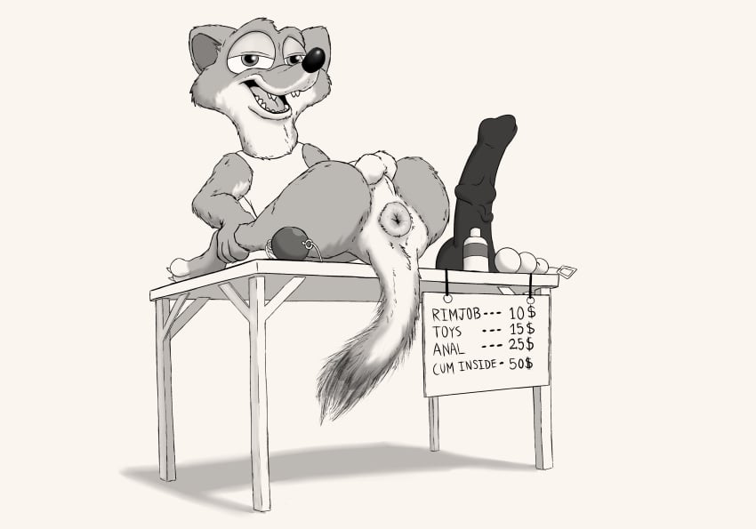 absurd_res anal_beads anus ball_gag balls black_and_white bottomless clothed clothing dildo disney duke_weaselton gag hi_res long-tailed_weasel lube magzol male male_only mammal monochrome mustela mustelid musteline outside penis presenting prostitution public sex_toy solo table zootopia