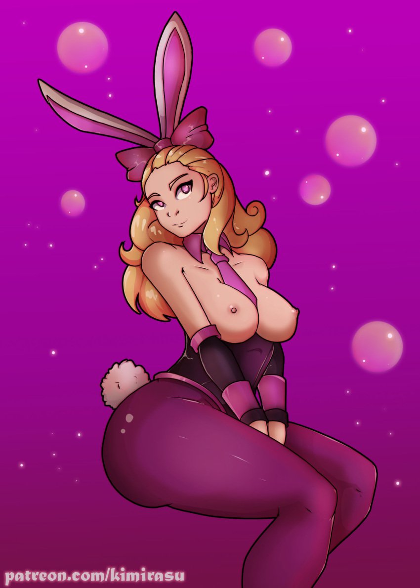 1girls alternate_costume areolae blonde breasts breasts_out bunny_ears bunnysuit cottontail_seris female kimirasu nipples paladins purple_background purple_eyes seris_(paladins) solo tie tie_between_breasts