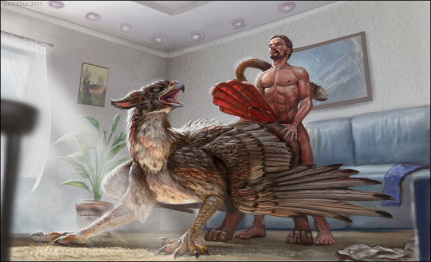 2019 4_toes all_fours ambiguous_gender ambiguous_penetrated ambiguous_penetration avian beak brown_feathers claws closed_eyes detailed detailed_background digitigrade doggy_style duo feathered_wings feathers feral from_behind_position gryphon happy human human_on_feral human_penetrating_feral inside interspecies invalid_tag male male/ambiguous male_on_feral male_penetrating mammal nude paws penetration penile_penetration pleasured red-izak scales sex sofa thyra_(the_gryphon_generation) toes wings zoophilia