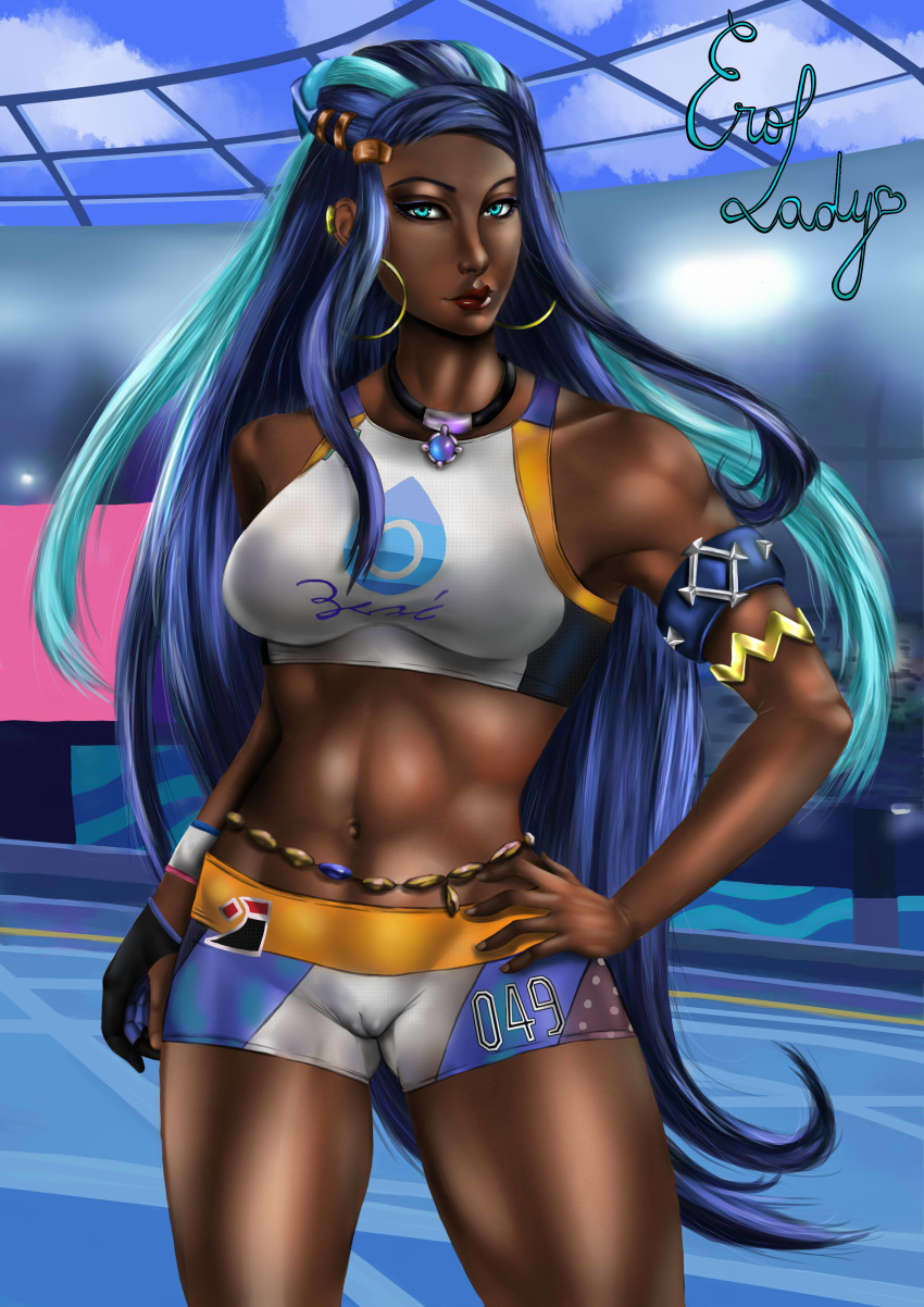 1girls abs alternate_breast_size armpit armpits bare_shoulders belly big_breasts bike_shorts blue_background blue_eyes blue_hair bracelet breasts cameltoe clothed clothed_female dark-skinned_female dark_skin earrings erolady eye_contact female female_only fit fitness gloves gym_leader hair_ornament hand_on_hip human legs lips lipstick long_hair looking_at_viewer midriff muscle muscles muscular muscular_female navel necklace nessa_(pokemon) nintendo pokemon pokemon_ss pussy self_upload shirt shorts solo solo_focus spats sports_bra standing text thigh_gap vagina volleyball_shorts watermark