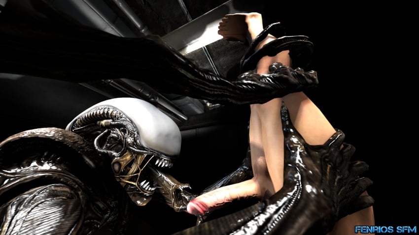 1boy 3d alien alien_(franchise) ambiguous_gender bondage female fenriossfm interspecies male penis size_difference smaller_male source_filmmaker tail tail_wrap text upside-down watermark xenomorph