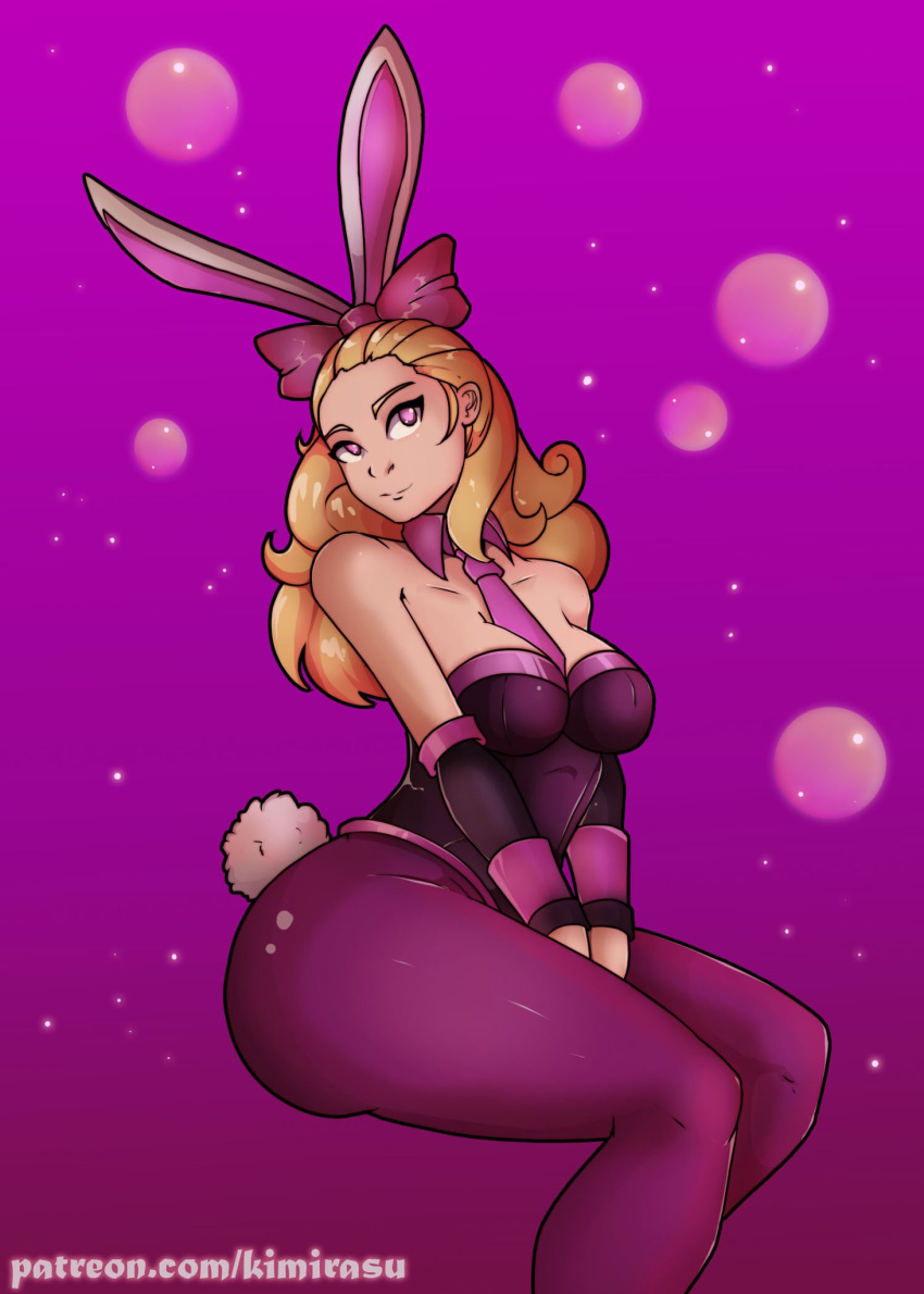 1girls alternate_costume blonde bunny_ears bunnysuit cleavage cottontail_seris female kimirasu paladins pink_eyes purple_background purple_eyes seris_(paladins) solo tie tie_between_breasts