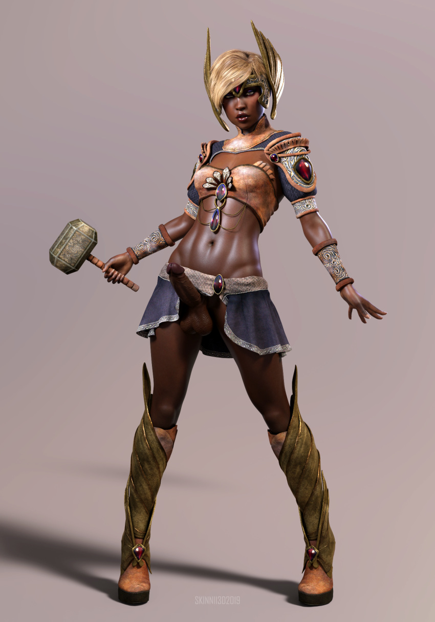 1futa 3d armor balls balls_under_clothes blonde_hair boots bottomless_skirt bra breasts brown_skin dark-skinned_futanari dark_skin erection erection_under_clothes erection_under_skirt futa_only futa_sans_pussy futanari gem half_nude hammer intersex jewelry midriff muscular_futanari penis penis_out penis_under_clothes penis_under_skirt realistic skinnii3d skirt skirt_lift slim small_breasts standing veiny_penis