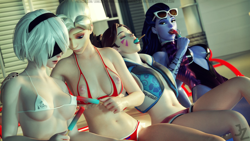 3d 4girls alternate_costume areolae bikini breasts cleavage cote_d'azur_widowmaker crossover d.va female female_only junkerz looking_at_viewer mercy nier nier:_automata nipples overwatch waveracer_d.va widowmaker yorha_2b