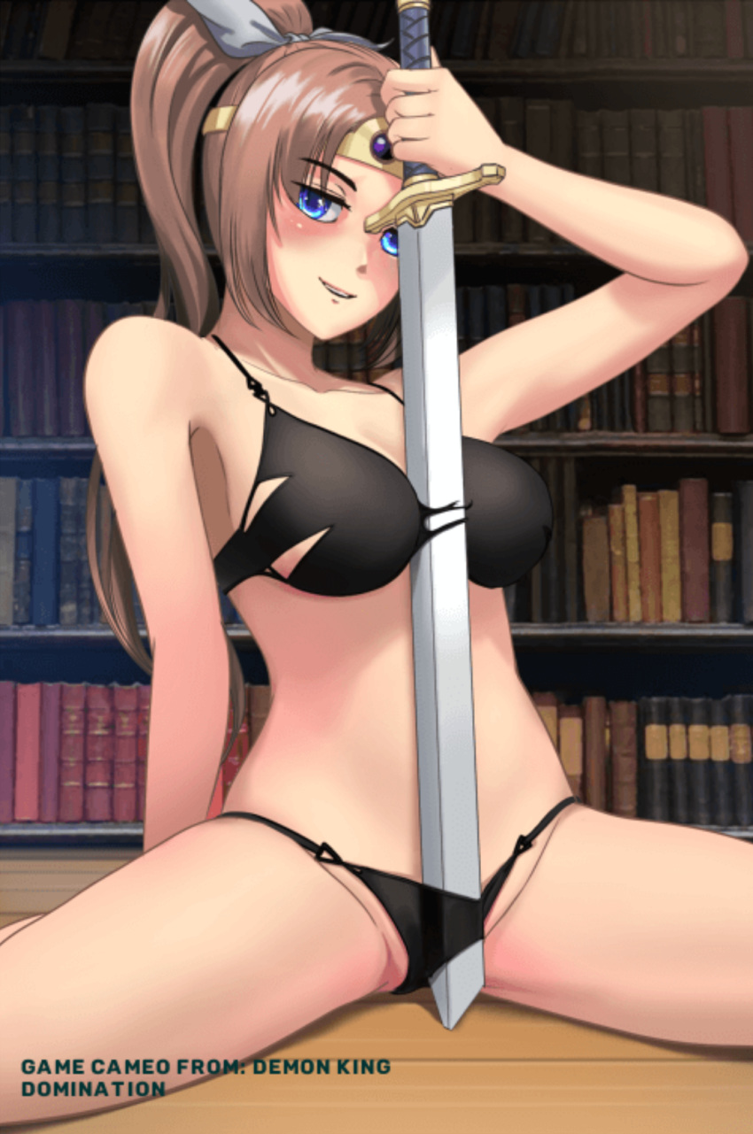 blue_eyes blush bra brown_hair circlet demon_king_domination game_cg hypnochanger looking_at_viewer panties ponytail sitting smile spiral_clicker spread_legs sword tearing_clothes torn_clothes underwear