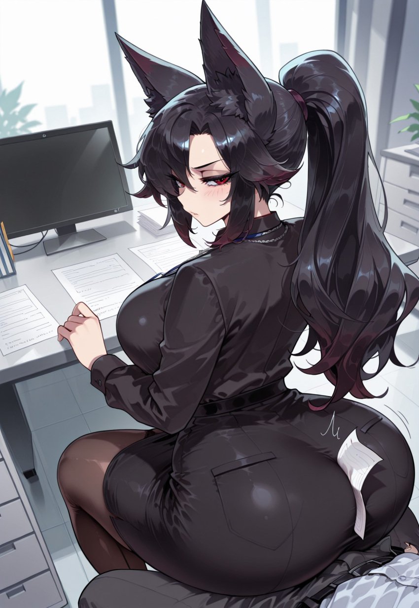 1girls ass_cleavage ass_focus ass_visible_through_thighs big_ass big_breasts black_hair female female female_focus fox fox_ears fox_girl giselle_(project_qt) looking_back messy messy_hair office office_clothing office_lady ponytail project_qt red_eyes red_hair sitting skindentation table two_tone_hair