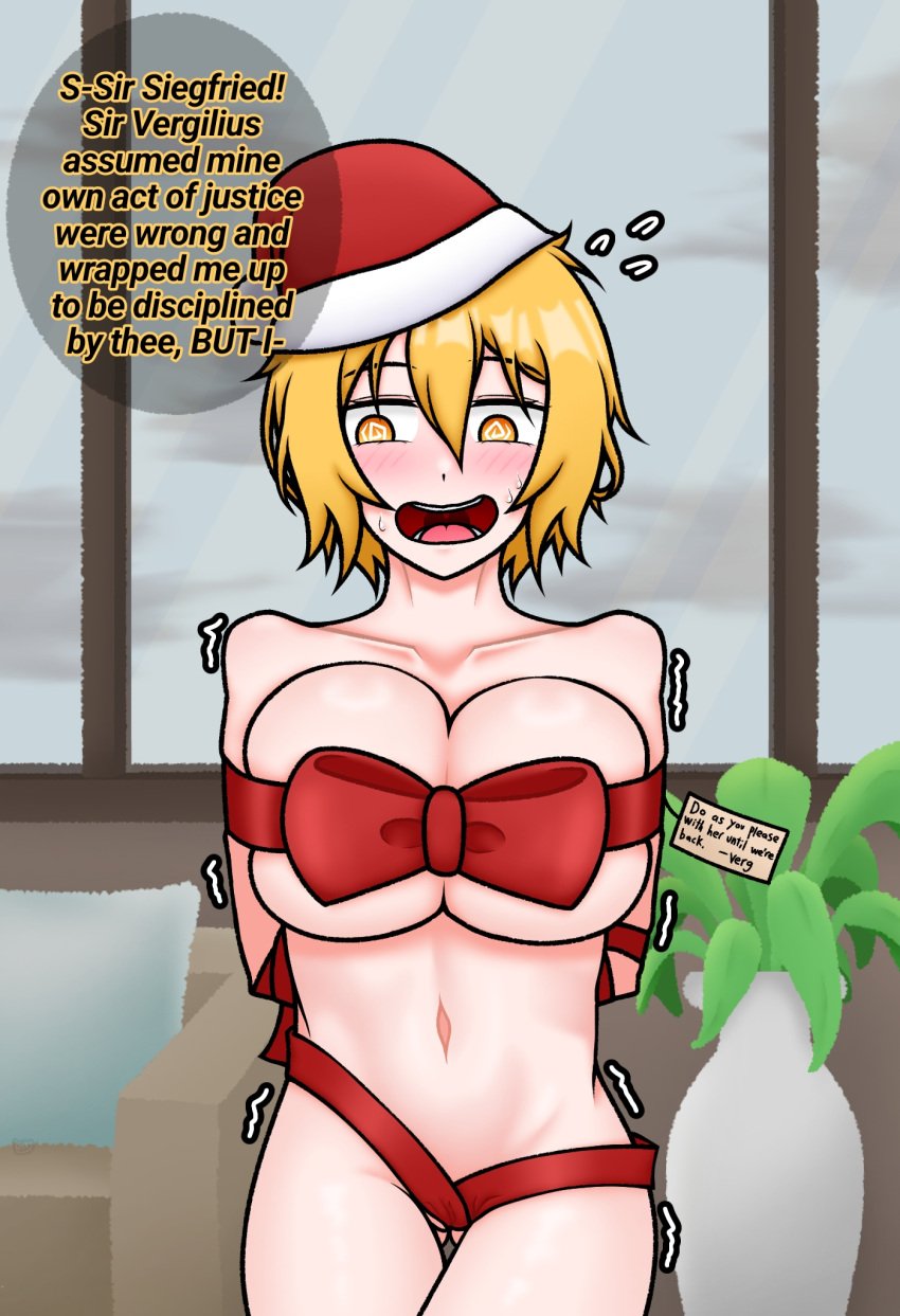 1boy 1girl1boy 1girls big_breasts blonde_female blonde_hair blush blushing_female bondage breasts censored dialogue don_quixote_(limbus_company) embarrassed english_text female gift gift_wrapping kreky large_breasts limbus_company looking_down male mosaic_censoring motion_lines nervous nervous_smile partially_clothed project_moon ribbon ribbon_bondage ribbons siegfried_(limbus_company) standing sweat sweating text text_bubble yellow_eyes yellow_hair