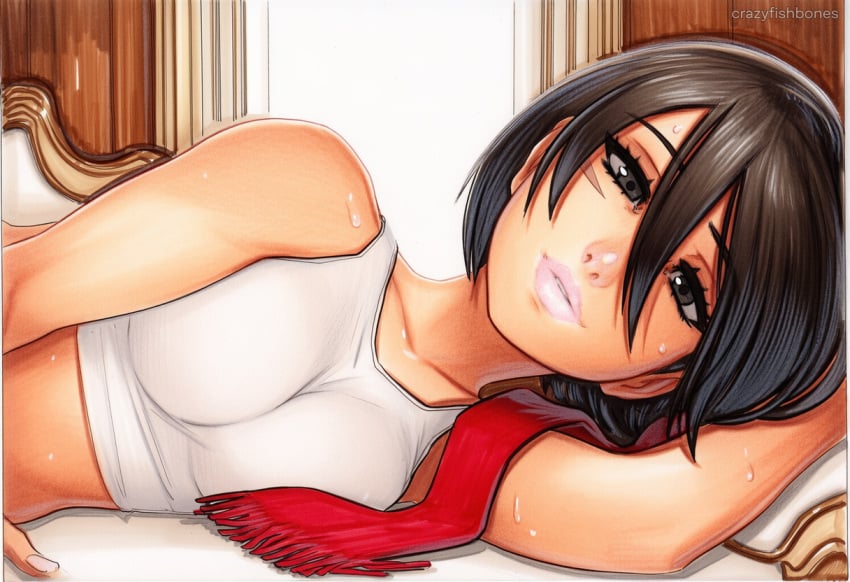 2025 ai_generated artist_name attack_on_titan black_hair blush breasts crazyfishbones female large_breasts long_hair looking_at_viewer lying mikasa_ackerman shingeki_no_kyojin solo