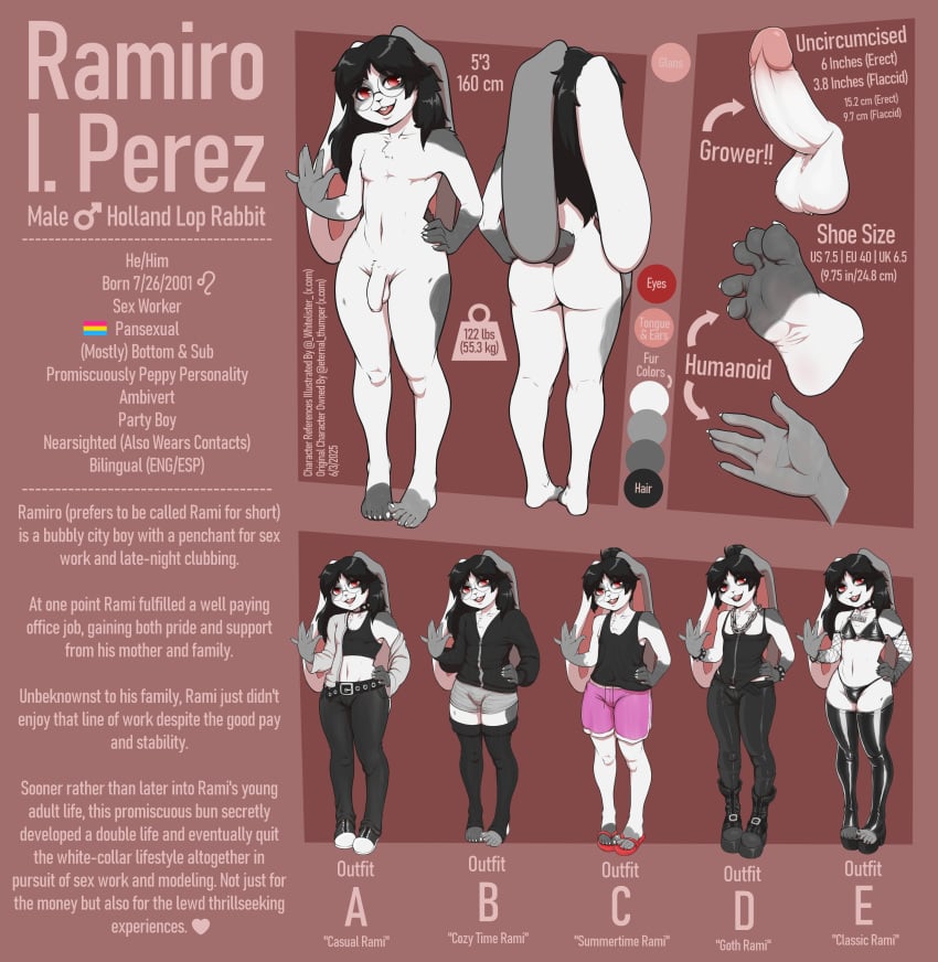 2025 absurd_res anthro ass balls biped bottomwear bra clothed clothing domestic_rabbit english_description english_text erection feet femboy flaccid fur gender_symbol genitals gesture hair hi_res lagomorph leporid lgbt_pride lingerie long_ears long_hair lop_rabbit male mammal model_sheet multicolored_body multicolored_fur navel nude oryctolagus pansexual_pride_colors pants penis pride_colors pronouns rabbit rami_perez shorts solo stirrup_legwear symbol text underwear waving whitelister