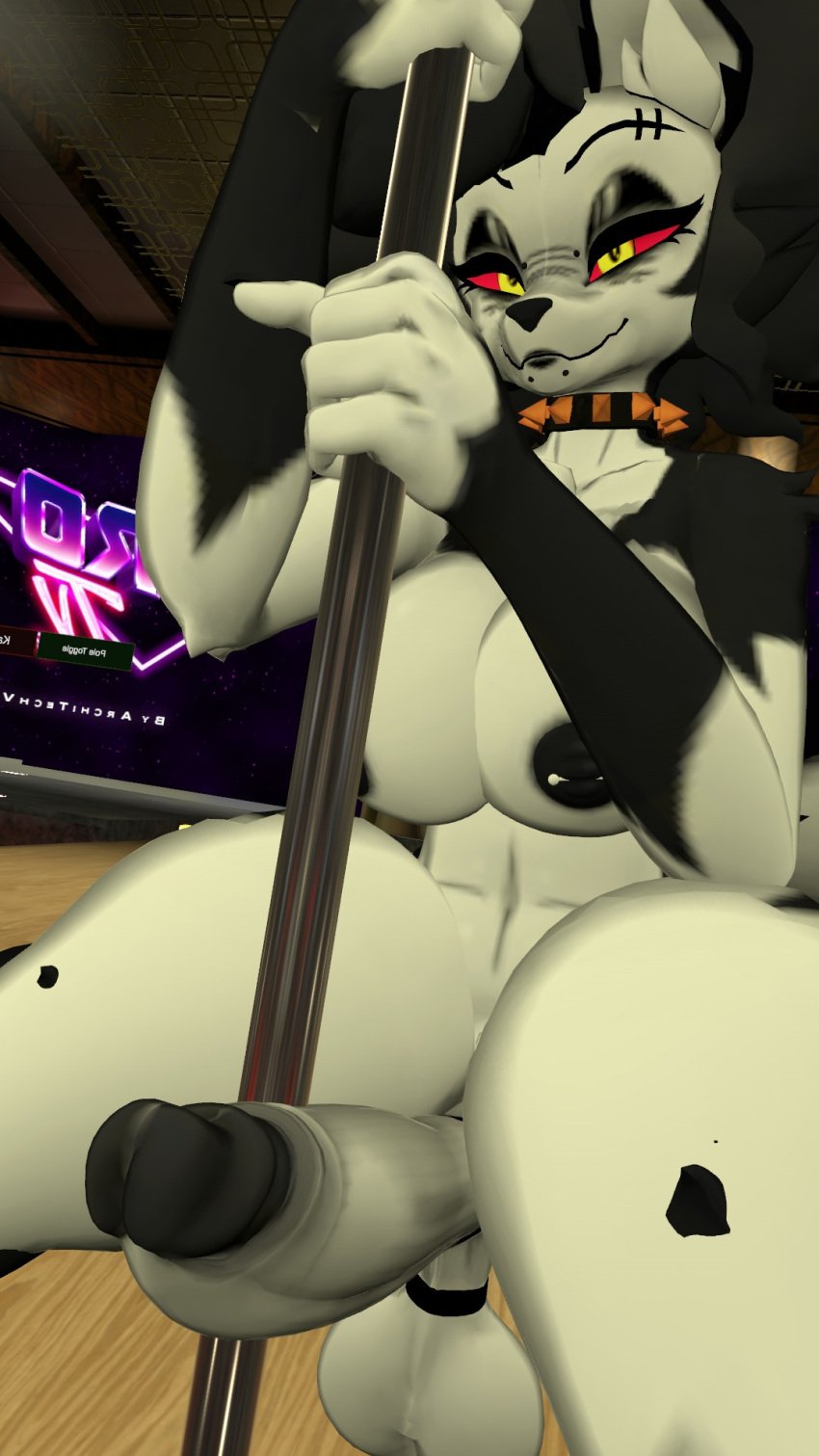 1futa 1girls 3d anthro big_breasts black_fur black_hair breasts breasts_out cock_ring cryptiacurves female furry futanari hellhound helluva_boss holding_pole looking_at_viewer loona_(cryptiacurves) loona_(helluva_boss) naked naked_female naked_futa nipple_piercing nipples nude nude_female nude_futa penis penis_ring pole red_sclera smile spiked_collar thick_thighs two_tone_body two_tone_fur vrchat vrchat_avatar vrchat_media vrchat_model white_body white_fur wolf wolf_girl yellow_eyes