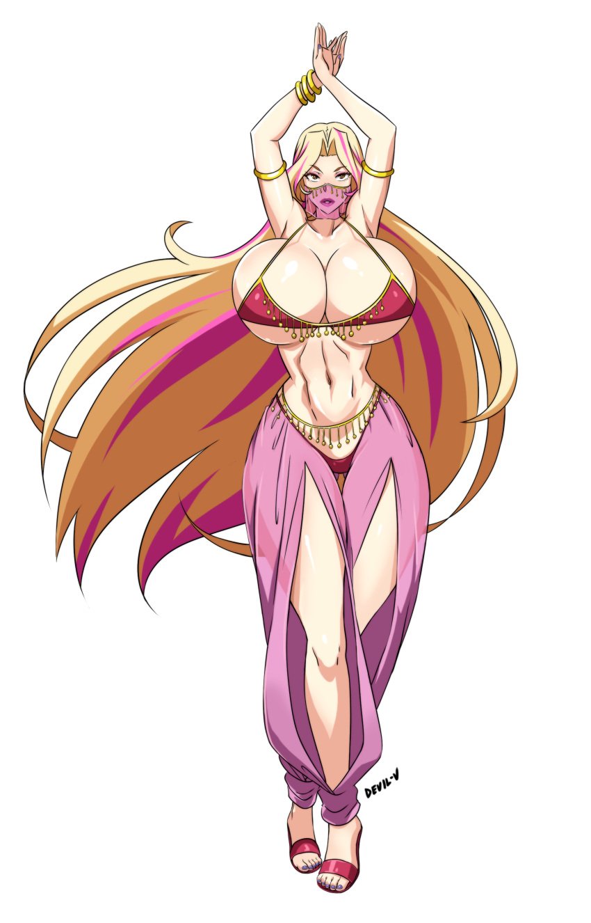 1girls absurdres belly_dancer belly_dancer_outfit big_breasts bimbo blonde_hair breasts devil-v female female_only gigantic_breasts harem_girl harem_outfit harem_pants highres hourglass_figure long_hair original pink_hair pink_highlights really_long_hair solo two_tone_hair