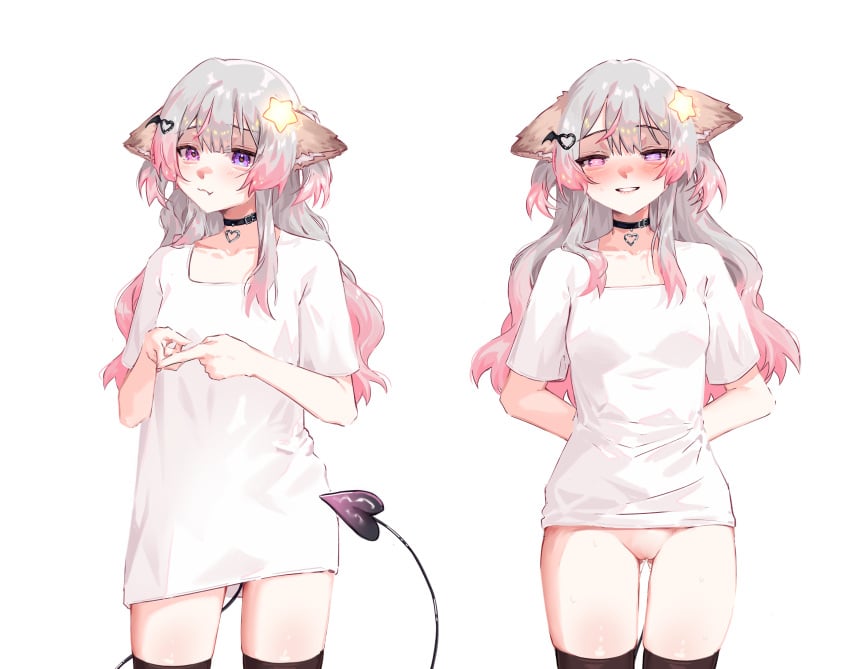 animal_ears annytf black_choker black_legwear blush bottomless breasts choker eyebrows_visible_through_hair female long_hair looking_at_viewer multicolored_hair multiple_views parted_lips shirt short_sleeves smile star_(symbol) star_hair_ornament tail thighhighs variations virtual_youtuber