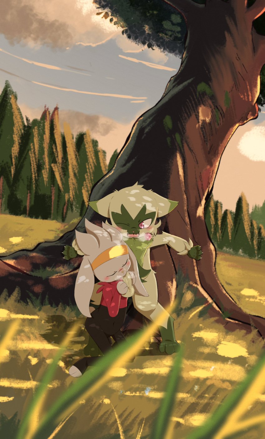 absurd_res accessory against_natural_surface against_surface against_tree anthro balls blush breath chest_tuft claws closed_eyes clothing cloud detailed_background duo felid feline fellatio floragato fluffy fluffy_chest fur generation_8_pokemon generation_9_pokemon genitals grass green_body green_fur head_tuft headband hi_res kneeling lagomorph landscape legwear leporid male male/male mammal multicolored_body multicolored_fur navel nintendo one_eye_closed open_mouth oral paws penile penis pink_eyes pink_nose plant pokemon pokemon_(species) raboot red_body red_fur sex sky skyscape sucking tights tree tuft tummyrubss white_body white_fur