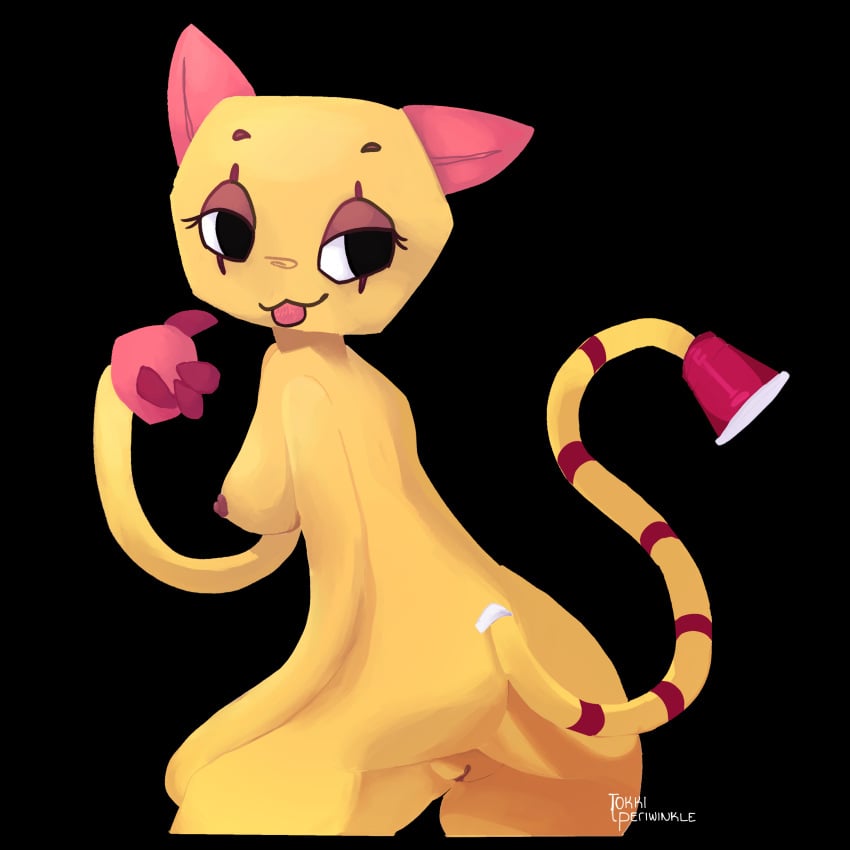 blush_crunch_studios catgirl dandy's_world female female_focus female_only looking_away nude nude_female paper pussy render roblox scraps_(dandy's_world) solo striped_tail tail tongue_out