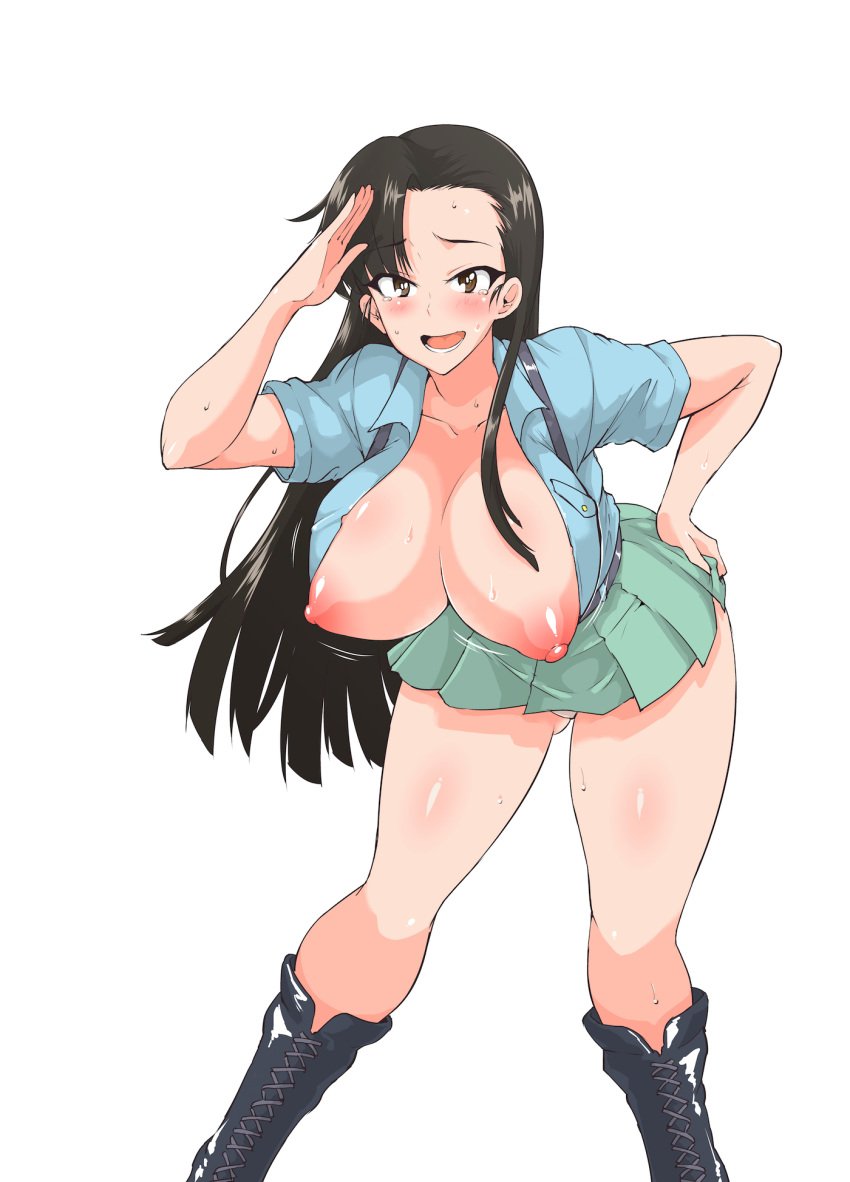 aoshidan_school_uniform black_footwear black_hair blush boots breasts breasts_out brown_eyes embarrassed eyebrows_visible_through_hair fan_no_hitori female girls_und_panzer green_skirt hand_on_hip hanging_breasts highres large_breasts long_hair nipples nishi_kinuyo no_bra open_mouth panties pantyshot pantyshot_(standing) salute school_uniform shiny shiny_hair shiny_skin skirt smile solo standing sweat textless_version underwear white_panties