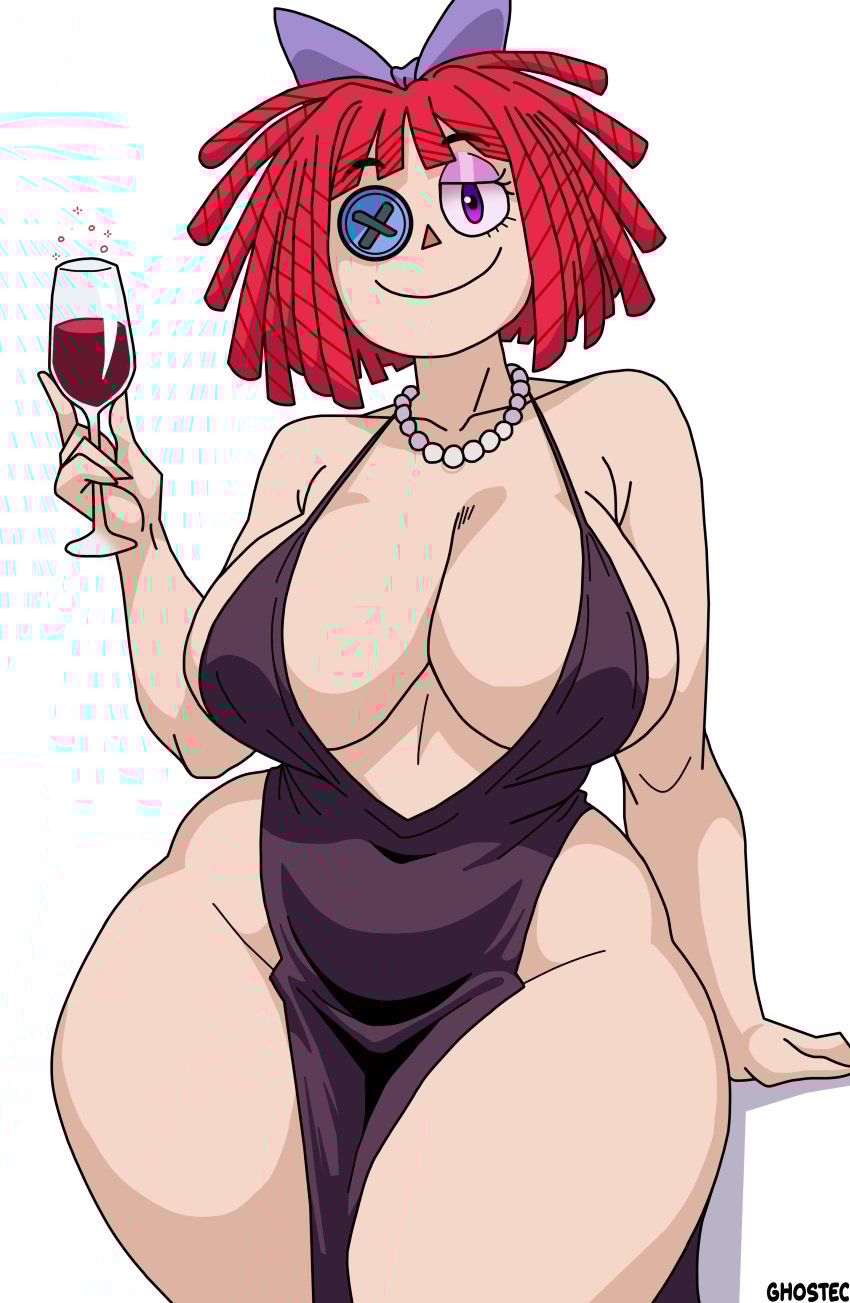 bare_shoulders black_dress breasts closed_mouth collarbone dress drunk evening_dress ghostec glitch_productions gooseworx hair_ribbon huge_breasts large_ass loincloth low_cut_dress low_cut_top necklace pearl_necklace ragatha ragatha_(tadc) red_hair ribbon shorts signature simple_background smiling stable_diffusion tadc the_amazing_digital_circus thighs triangle_nose white_background wide_hips wine wine_glass