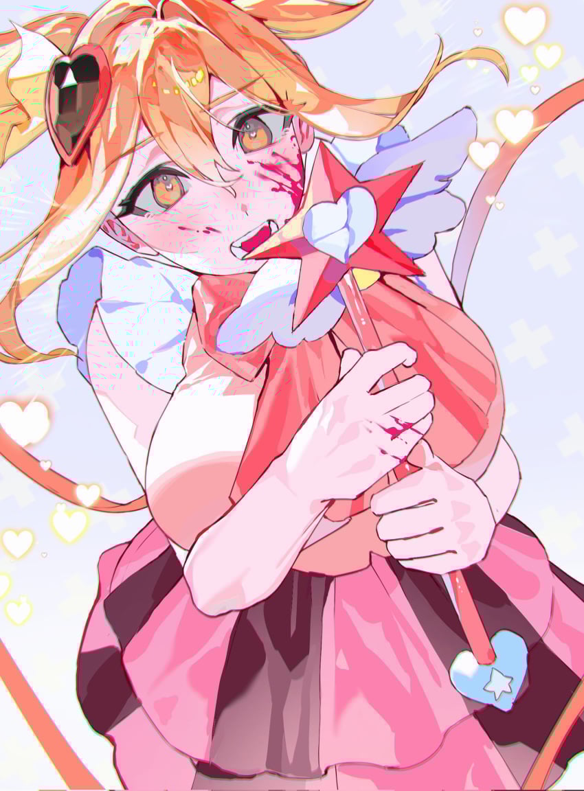 1girls blonde_hair blood blood_on_face blush breasts don_quixote_(limbus_company) e.g.o_(project_moon) female female_only heart-shaped_pupils holding_object huge_breasts light-skinned_female light_skin limbus_company looking_at_viewer magic_wand magical_girl open_mouth project_moon ribbon skirt solo symbol-shaped_pupils tied_hair twintails yellow_eyes yongsadragon