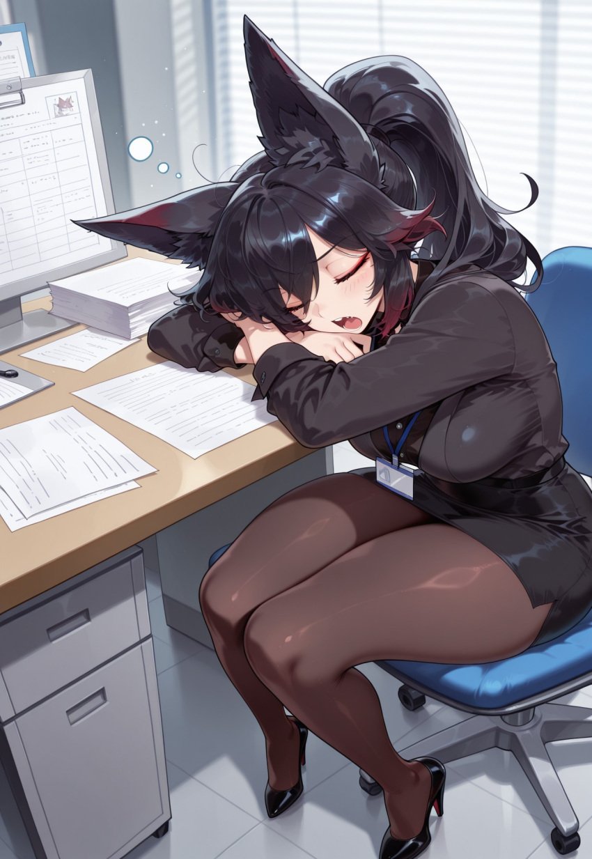 1girls big_ass big_breasts black_hair female female female_focus fox fox_ears fox_girl giselle_(project_qt) messy messy_hair office office_clothing office_lady ponytail project_qt red_eyes red_hair skindentation sleeping sleepy table two_tone_hair yawn yawning
