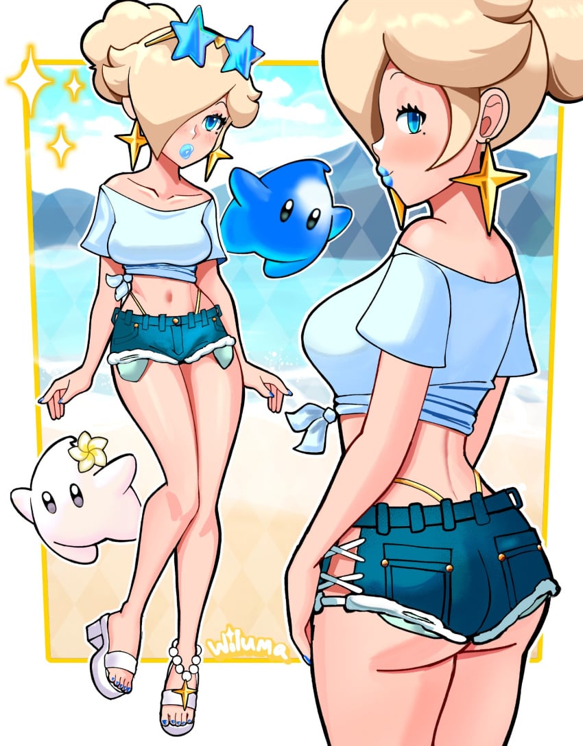 1girls artist_name beach beauty_mark blonde_hair blue_eyes blue_nails earrings hair_over_one_eye high_heels jean_shorts looking_over_shoulder luma mario_(series) navel nintendo painted_nails princess_rosalina sandals short_shorts shorts sunglasses sunglasses_on_head wiluma
